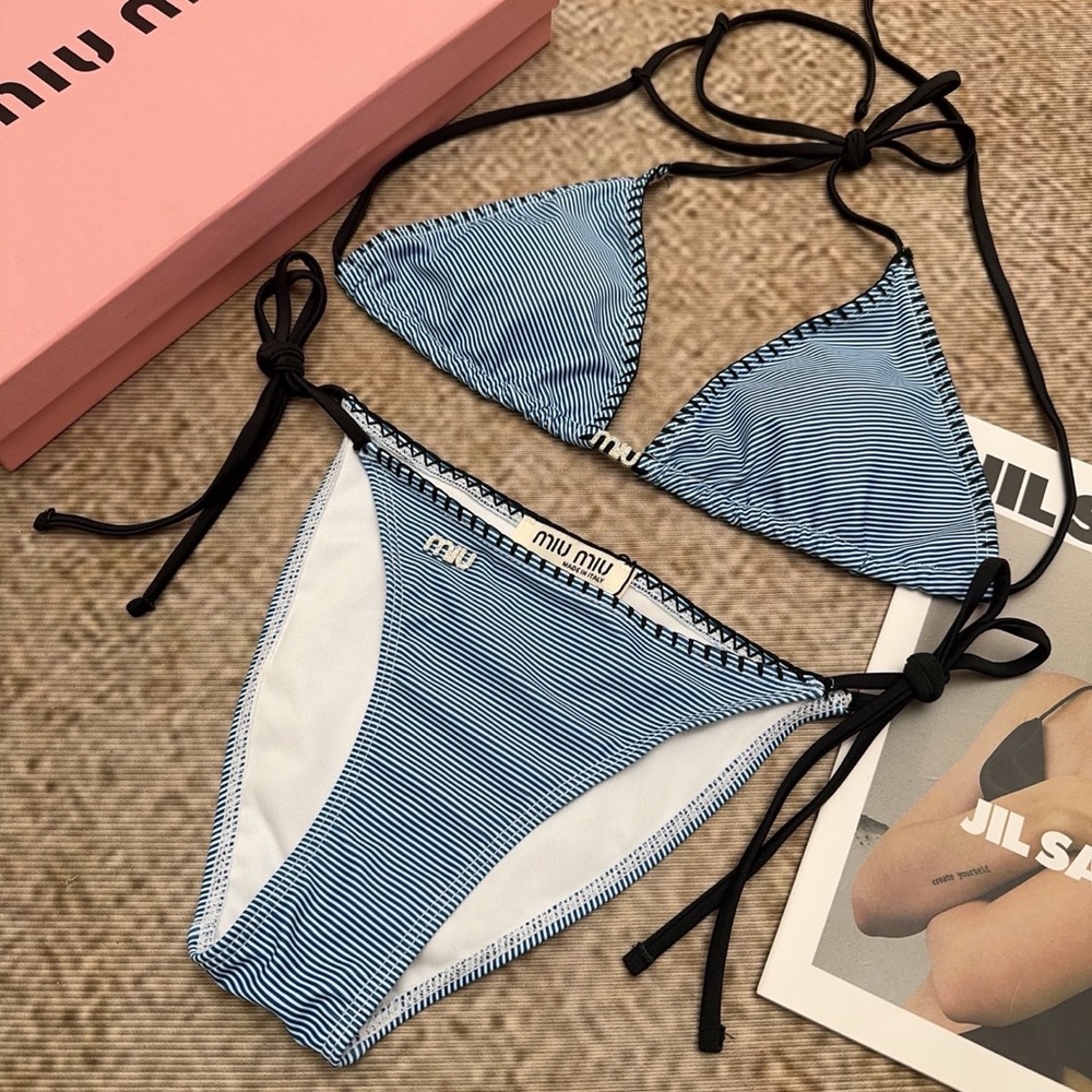 Miu Miu Navy & White Striped Triangle Bikini Set with Black Ties
